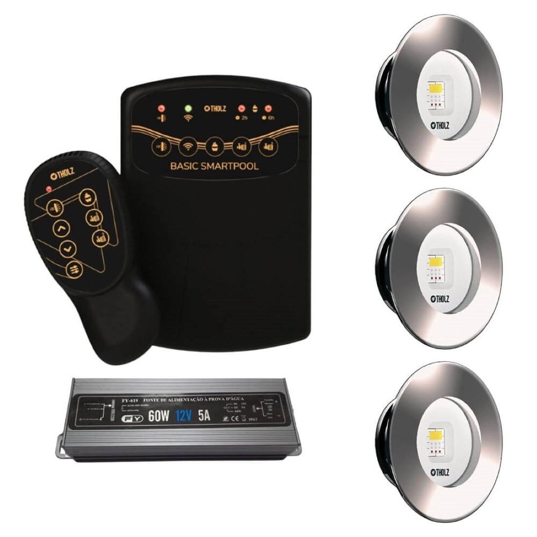 Kit 3 Led Slim Rgb 20w Inox Piscina Tholz + Basic Smartpool + Fonte