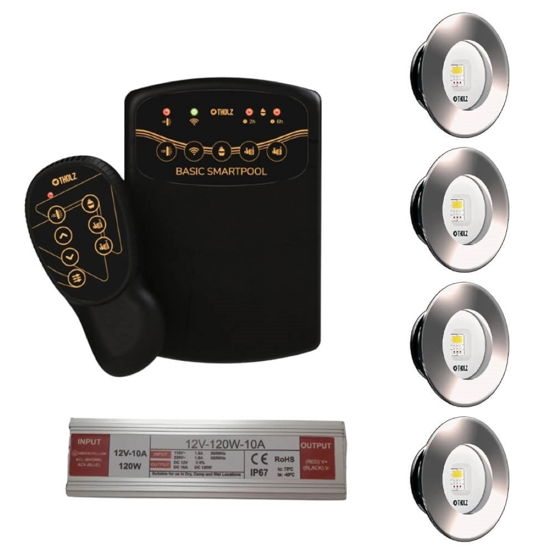 Kit 4 Led Slim Rgb 20w Inox Piscina Tholz + Basic Smartpool + Fonte