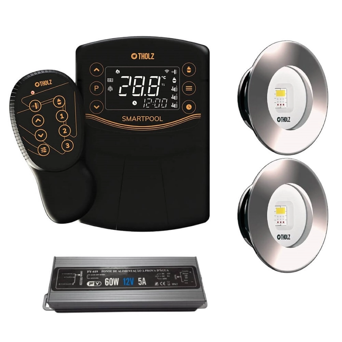 Kit 2 Led Slim Rgb 20w Inox Piscina Tholz + Smartpool + Fonte