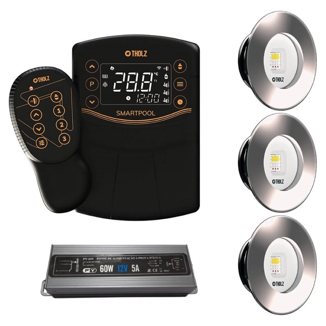 Kit 3 Led Slim Rgb 20w Inox Piscina Tholz + Smartpool + Fonte