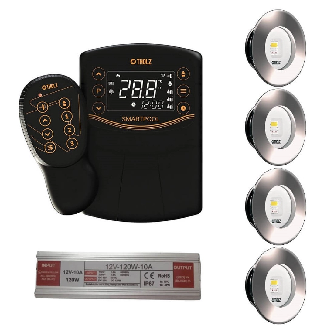 Kit 4 Led Slim Rgb 20w Inox Piscina Tholz + Smartpool + Fonte