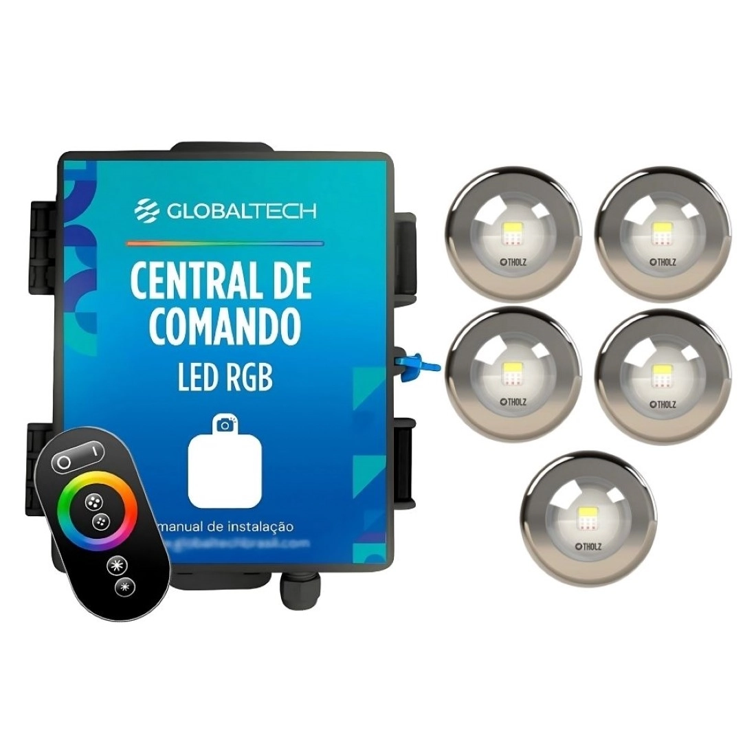 Kit 5 Led Rgb 10w Inox Piscina Tholz + Central Globaltech