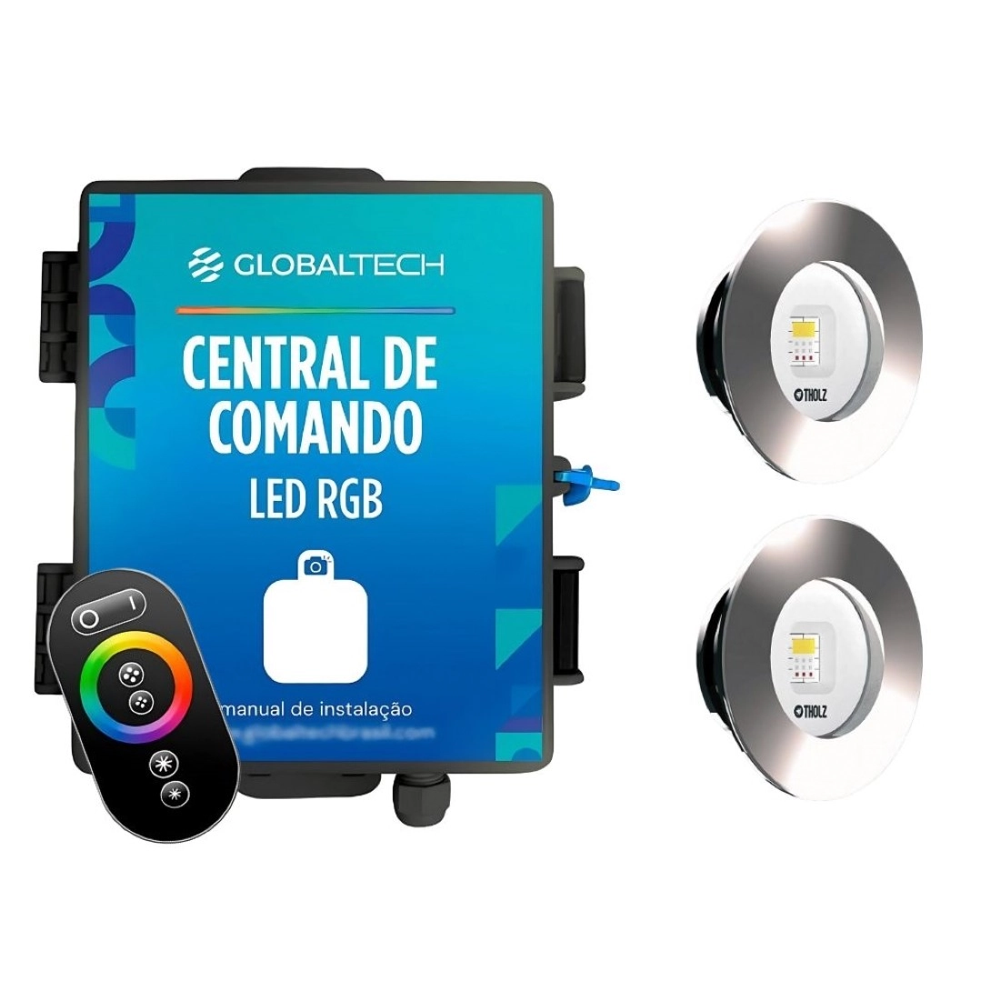 Kit 2 Led Rgb Slim 10w Inox Piscina Tholz + Central Globaltech