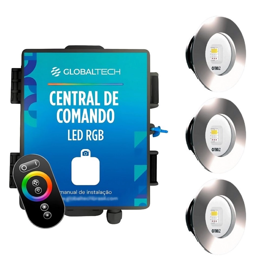 Kit 3 Led Rgb Slim 10w Inox Piscina Tholz + Central Globaltech