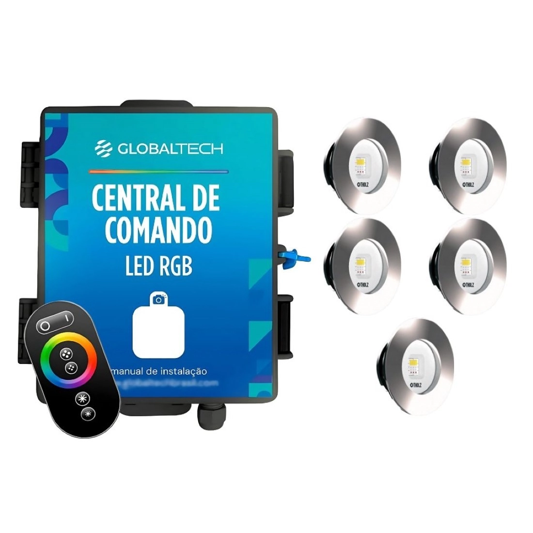 Kit 5 Led Rgb Slim 10w Inox Piscina Tholz + Central Globaltech