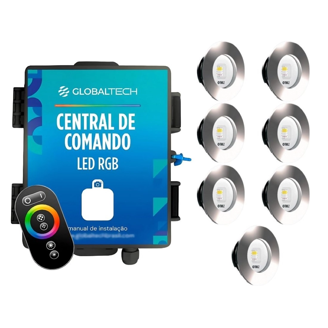 Kit 7 Led Rgb Slim 10w Inox Piscina Tholz + Central Globaltech