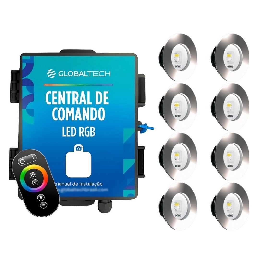 Kit 8 Led Rgb Slim 10w Inox Piscina Tholz + Central Globaltech