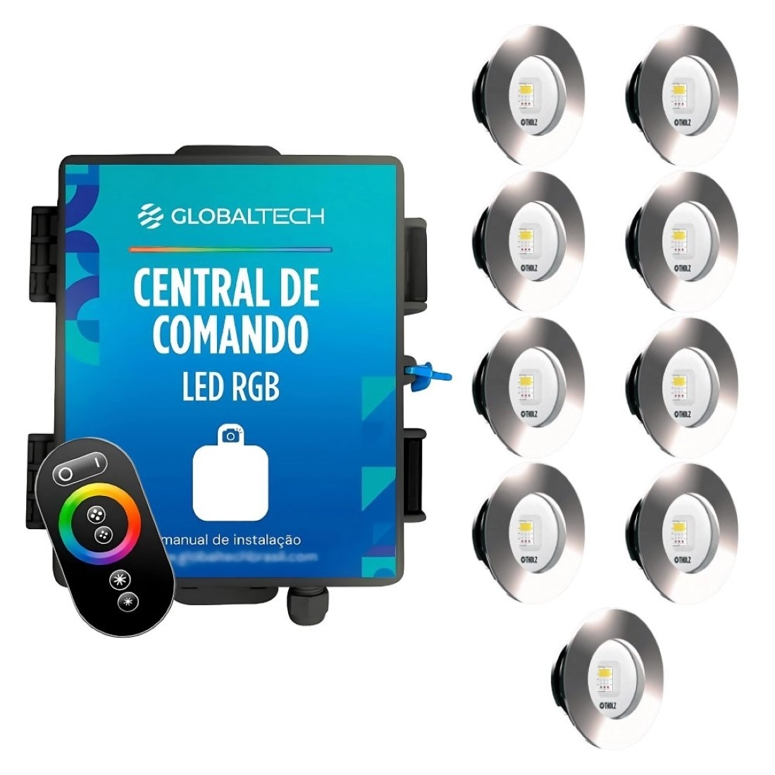 Kit 9 Led Rgb Slim 10w Inox Piscina Tholz + Central Globaltech