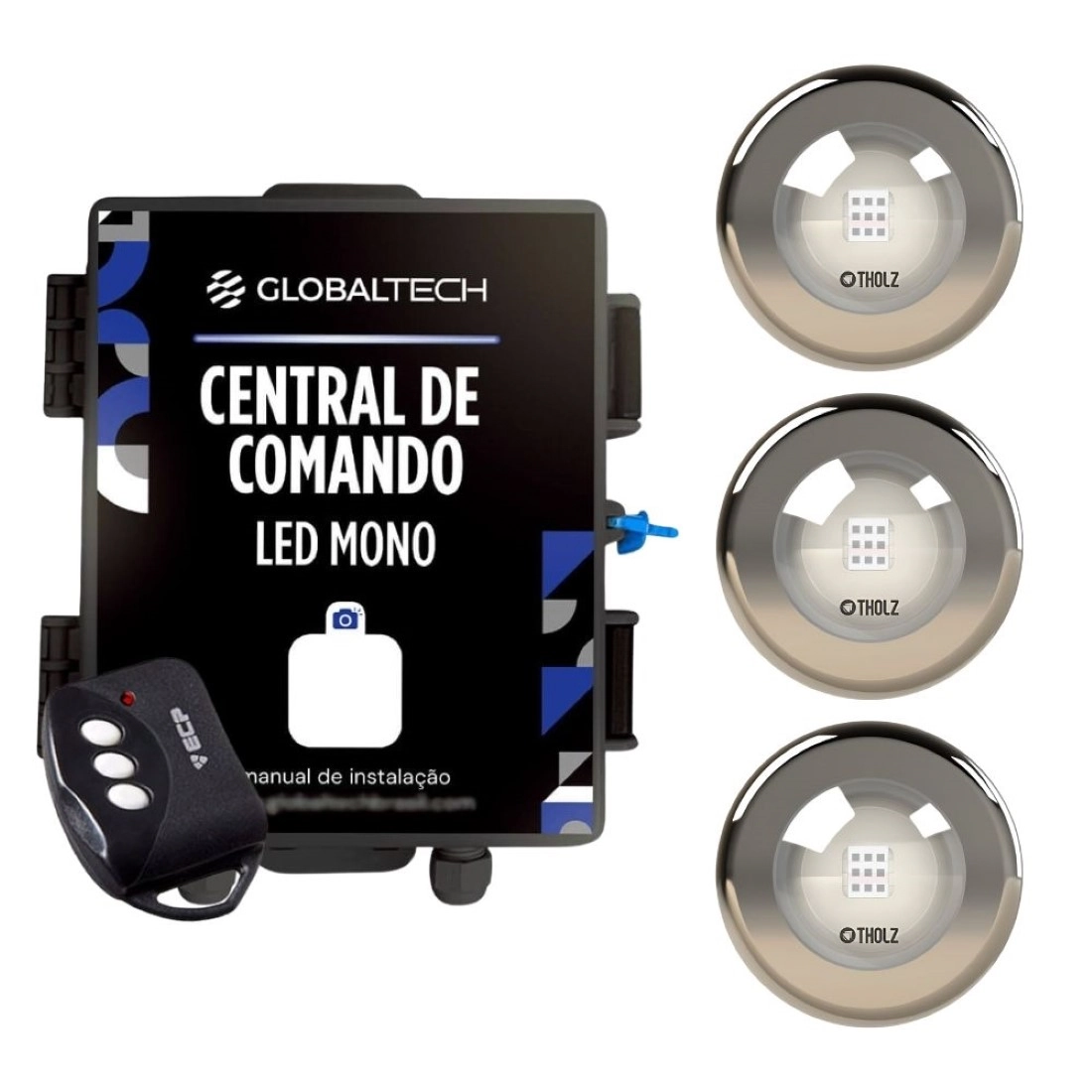 Kit 3 Led Mono 10w Inox Piscina Tholz + Central Globaltech - Azul