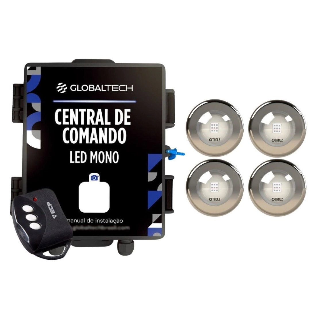 Kit 4 Led Mono 10w Inox Piscina Tholz + Central Globaltech - Azul