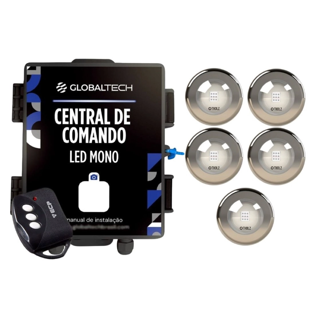 Kit 5 Led Mono 10w Inox Piscina Tholz + Central Globaltech - Branco