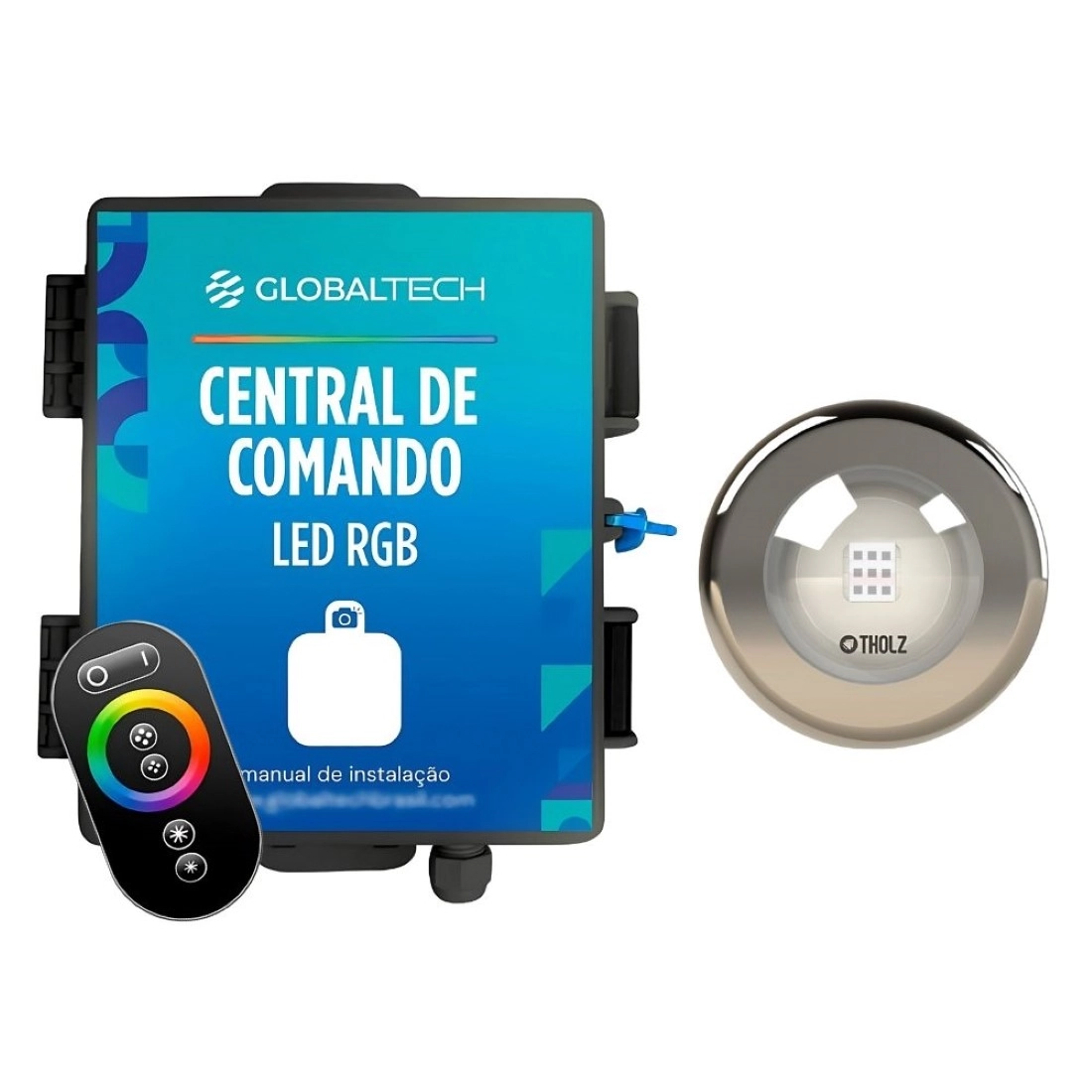 Kit 1 Led Rgb 20w Inox Piscina Tholz + Central Globaltech