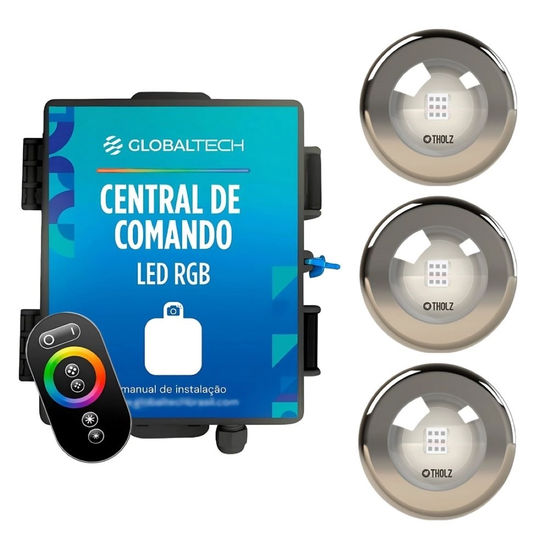 Kit 3 Led Rgb 20w Inox Piscina Tholz + Central Globaltech