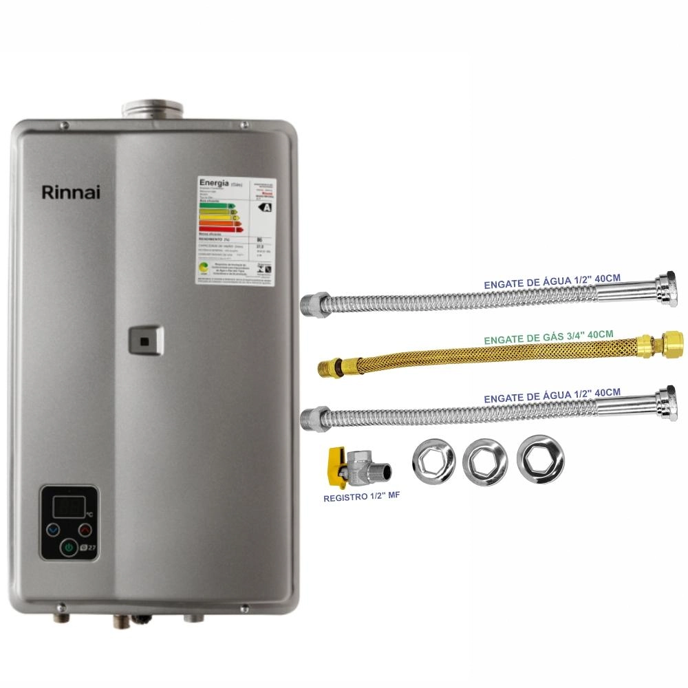 Aquecedor Rinnai 27 Litros E27 Feh Gn Prata (digital) + Kit Ligação De 40cm