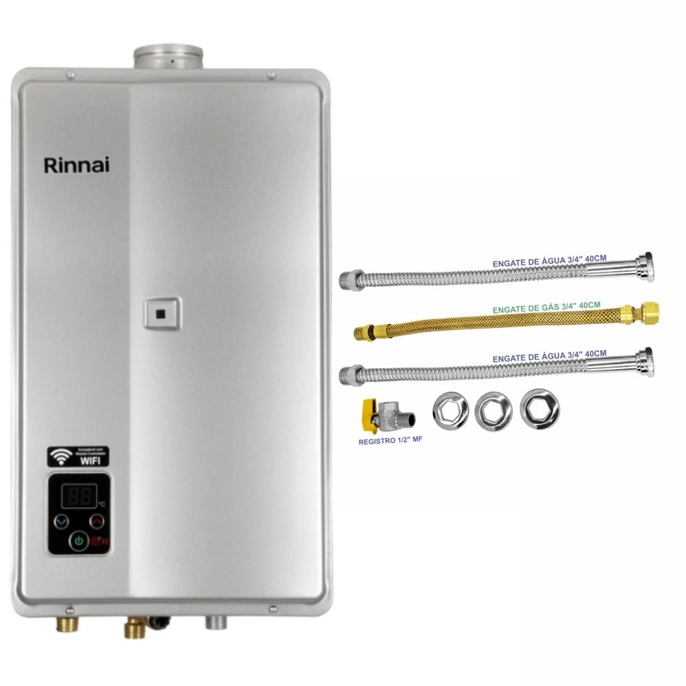Aquecedor De Água A Gás Rinnai 32,5 Litros E33 FEH GN Prata Digital + Kit Ligação De 40cm
