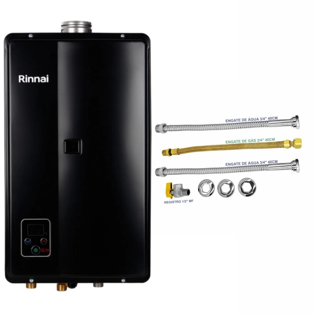 Aquecedor De Água A Gás Rinnai 32,5 Litros E33 FEH GLP Preto Digital + Kit Ligação De 40cm