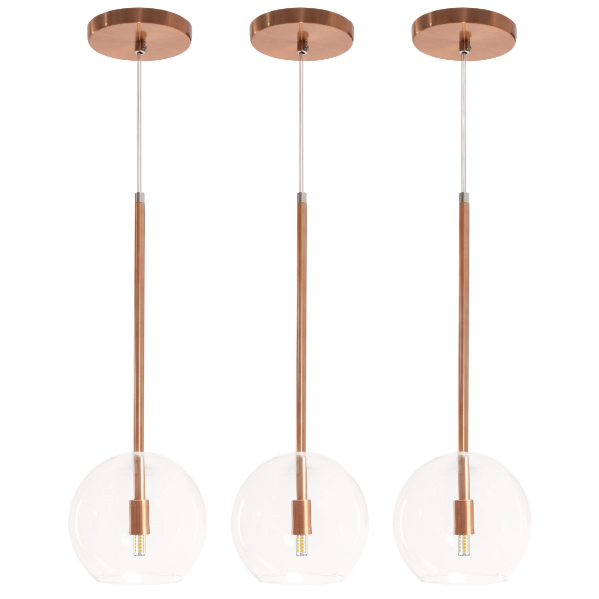 Kit 3 Pendente Lux Cobre Rose Gold Globo Vidro + Led
