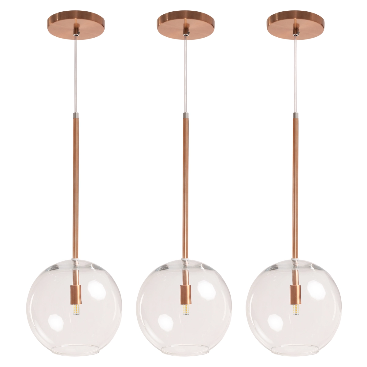 Kit 3 Pendente Lux Cobre Rose Gold Globo Vidro 20cm + Led