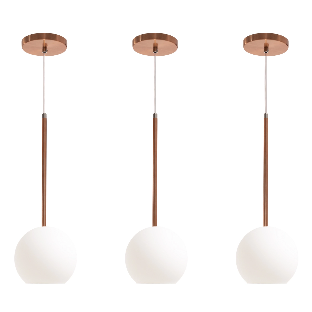 Kit 3 Pendente Lux Cobre Rose Gold Globo Vidro Branco  + Led