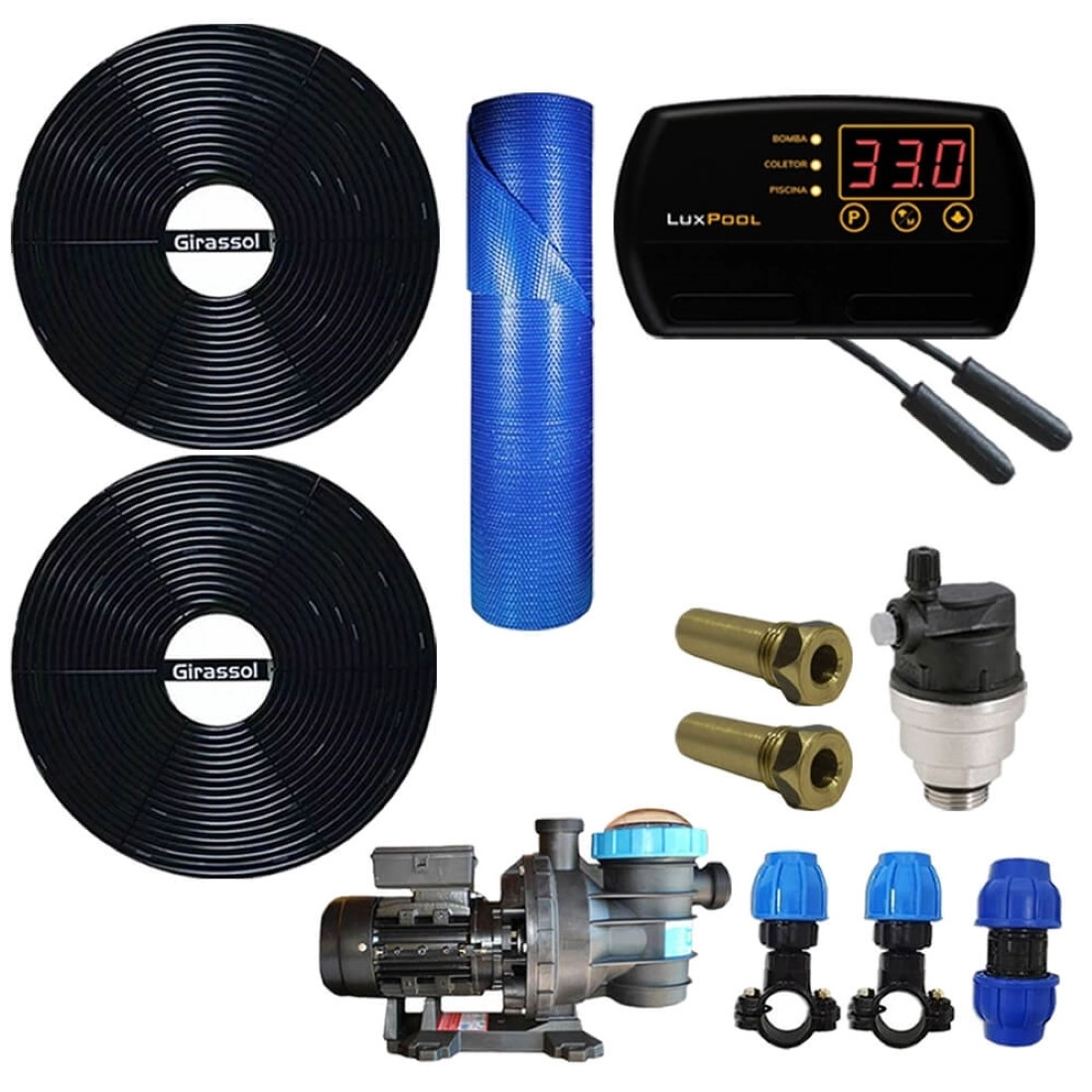 Kit Aquecedor Solar Piscina Girassol 8.000 L + Bomba + Capa