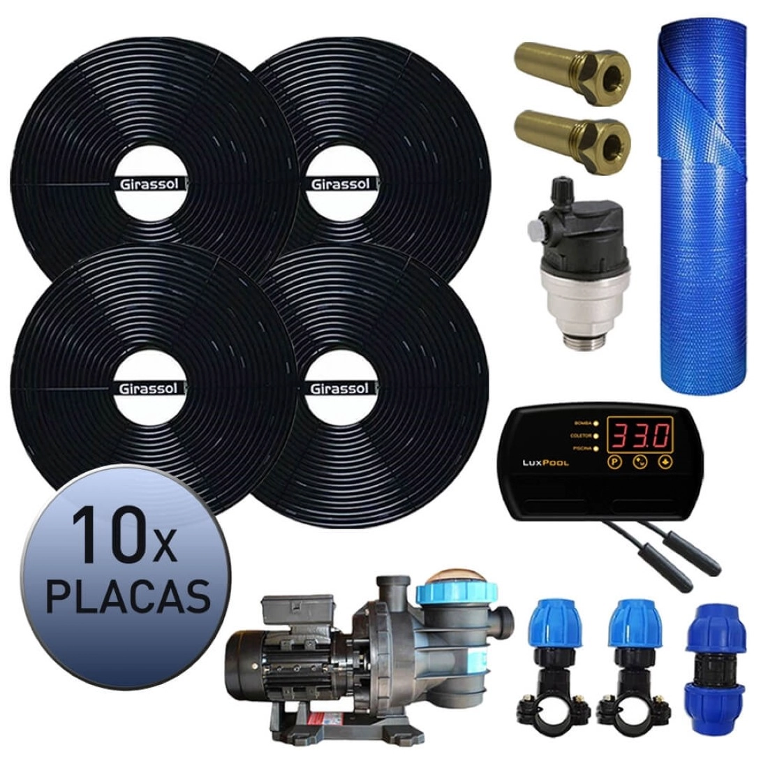 Kit Aquecedor Solar Piscina Girassol 40.000 L + Bomba + Capa