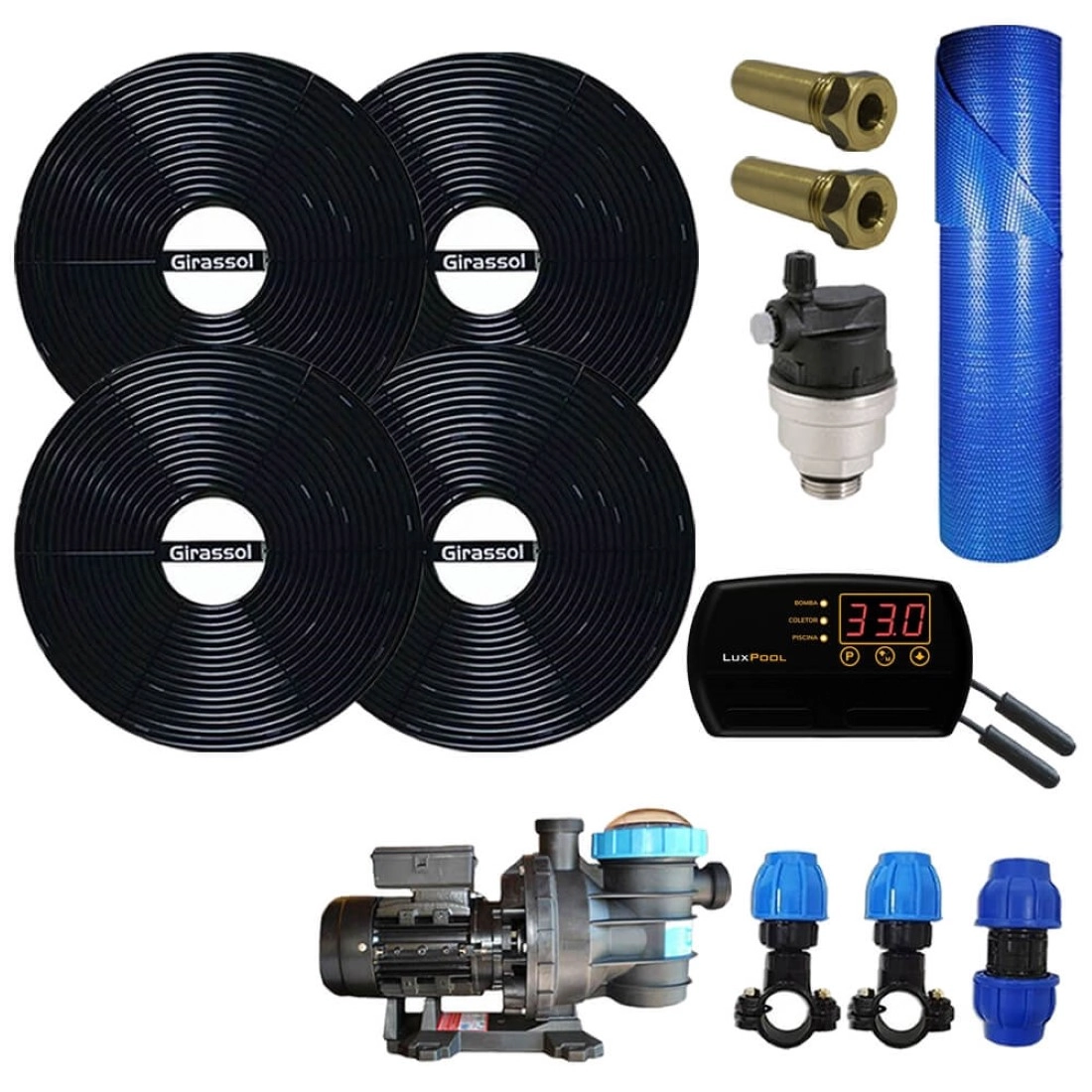 Kit Aquecedor Solar Piscina Girassol 48.000 L + Bomba + Capa
