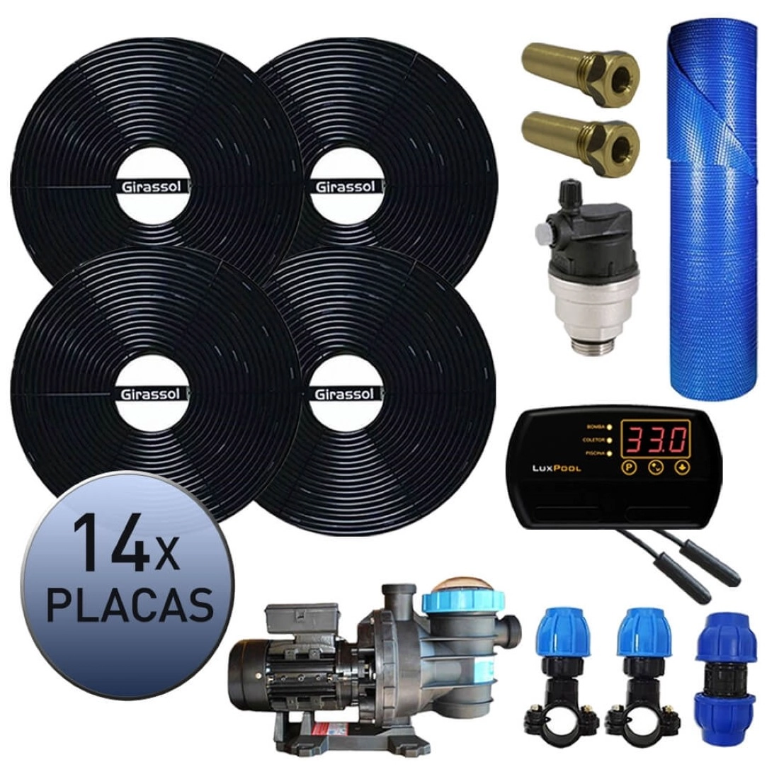 Kit Aquecedor Solar Piscina Girassol 56.000 L + Bomba + Capa