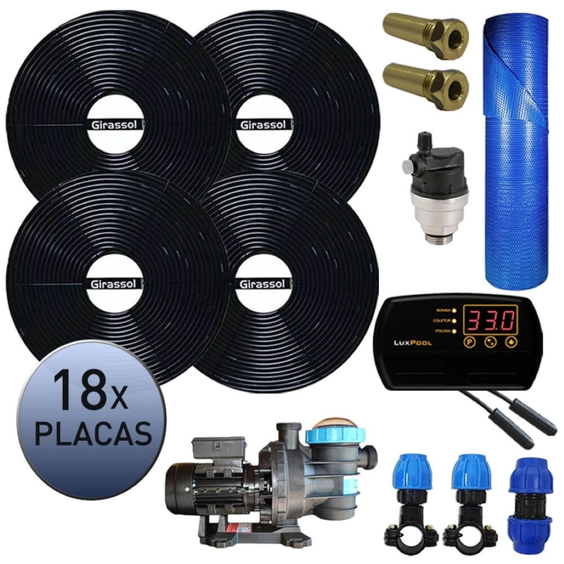 Kit Aquecedor Solar Piscina Girassol 72.000 L + Bomba + Capa