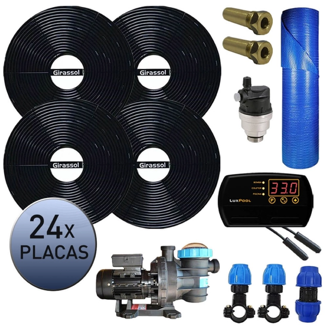 Kit Aquecedor Solar Piscina Girassol 96.000 L + Bomba + Capa