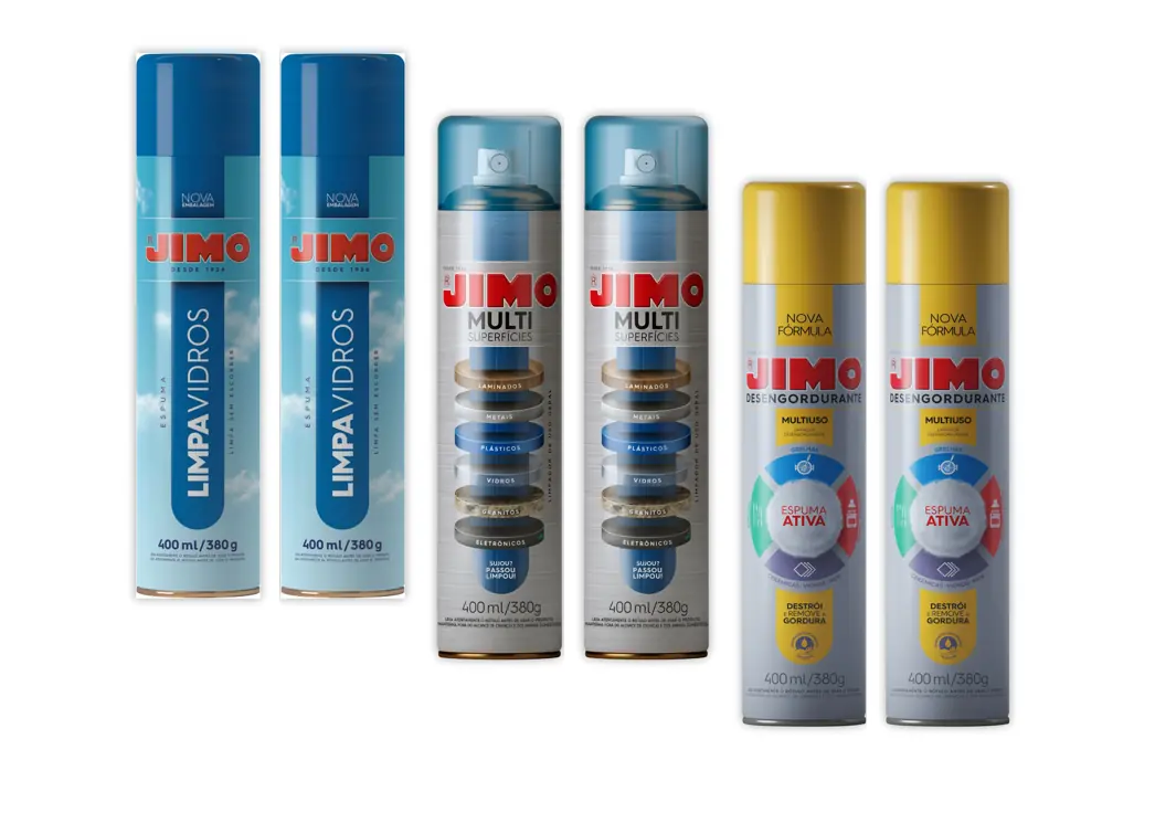 Kit 2 Jimo Limpa Vidros + 2 Jimo Multi Superfícies 400ml + 2 Jimo Desengordurante 400ml
