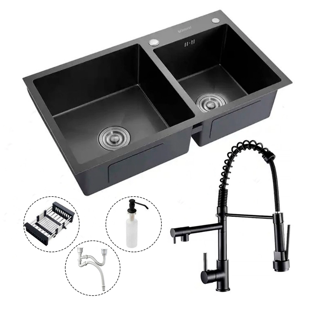 Cuba Pia Gourmet Dupla Aço Inox + Torneira Flexível Preta
