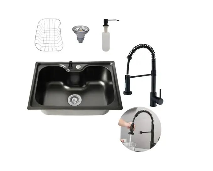 Cuba Cozinha Gourmet Aço Inox 60x42 Torneira Flexível Preta