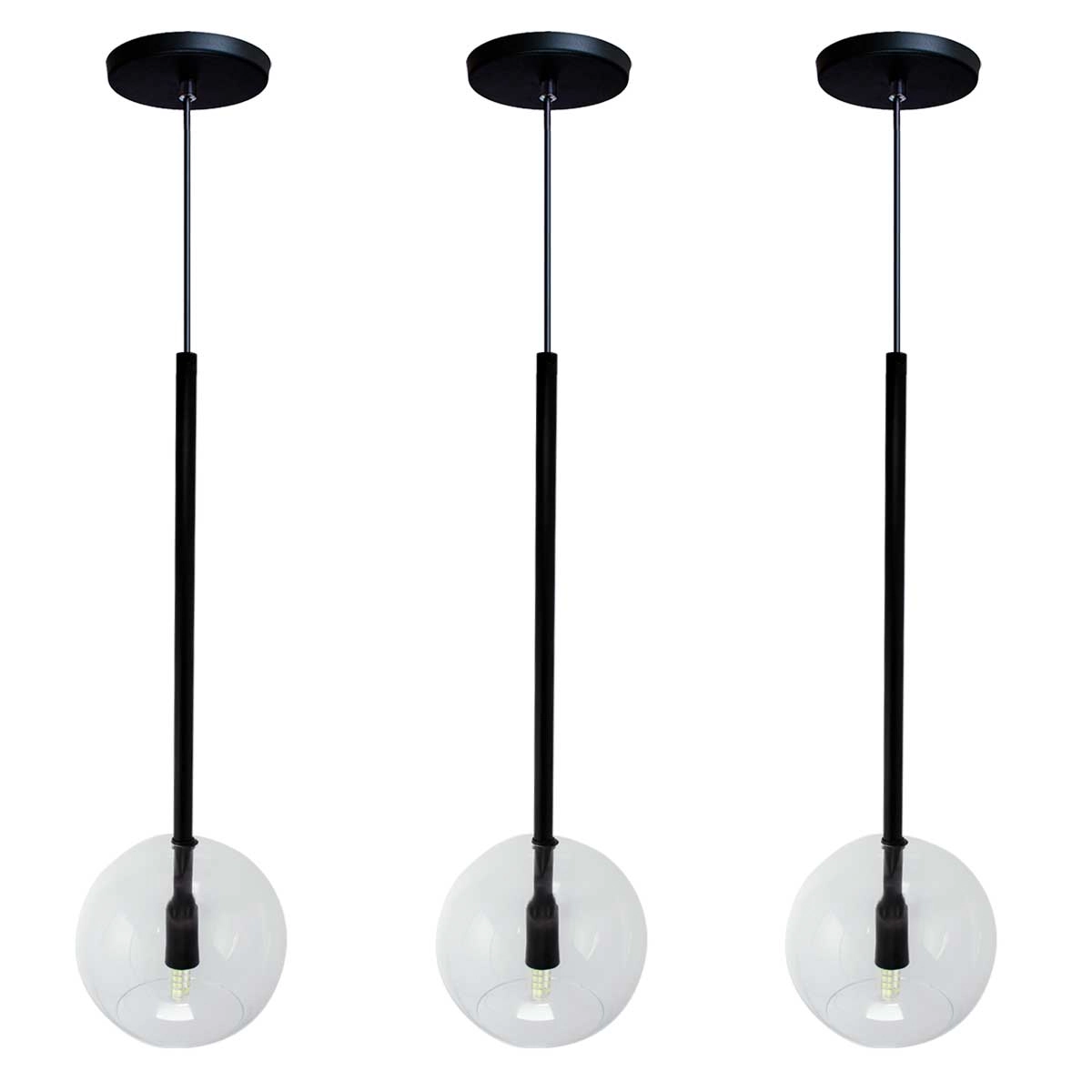 Kit 3 Pendente Lux Preto Globo Vidro Cristal + Led