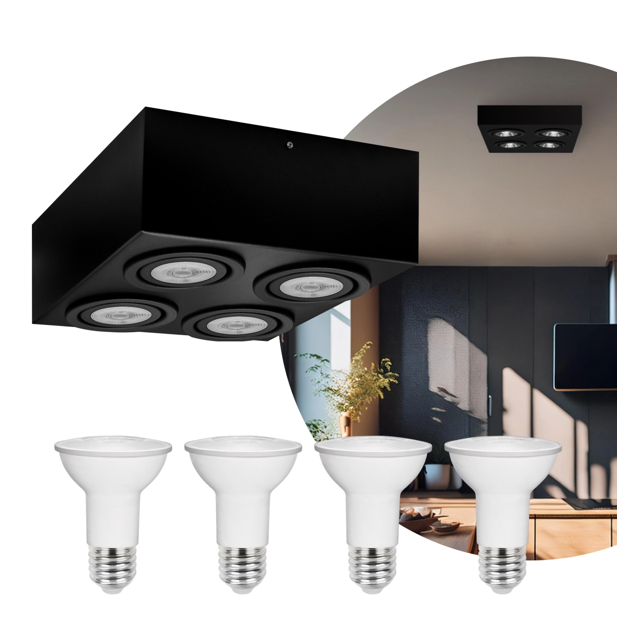 Spot Plafon Sobrepor Box Par20 Quadruplo + Led 4,8w Preto