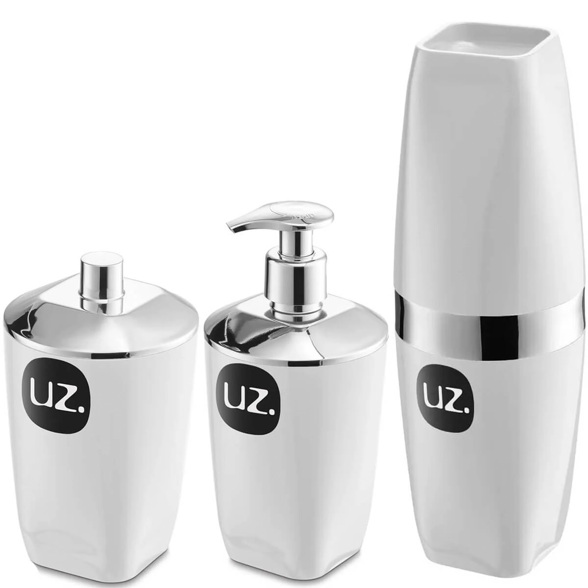 Conjunto 3 Peças Banheiro Saboneteira Líquida Porta Algodão Escova De Dente Uz Branca