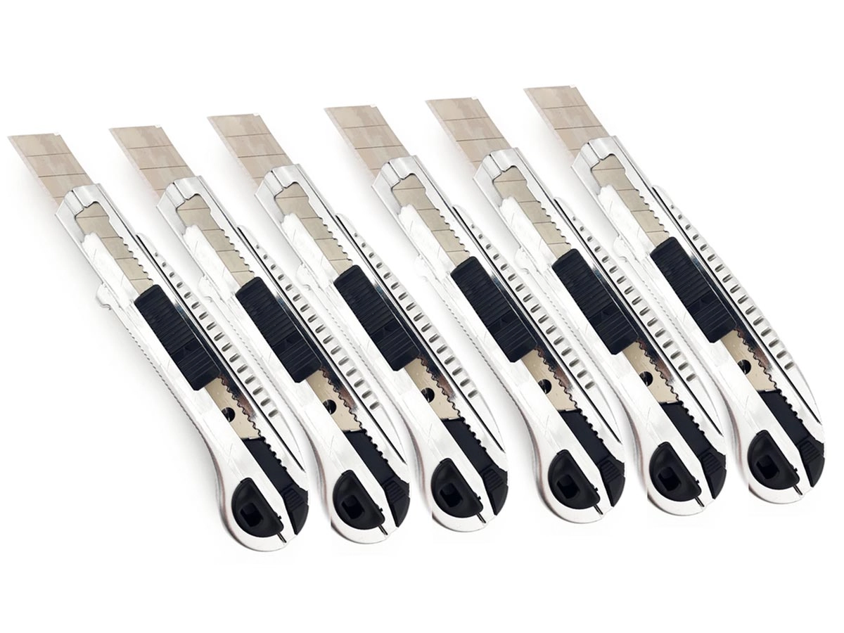 Kit 6 Estilete De Metal E Plástico Largo 18x100mm Com Reservatório Para Lâminas Trava De Segurança + Lâminas Extra