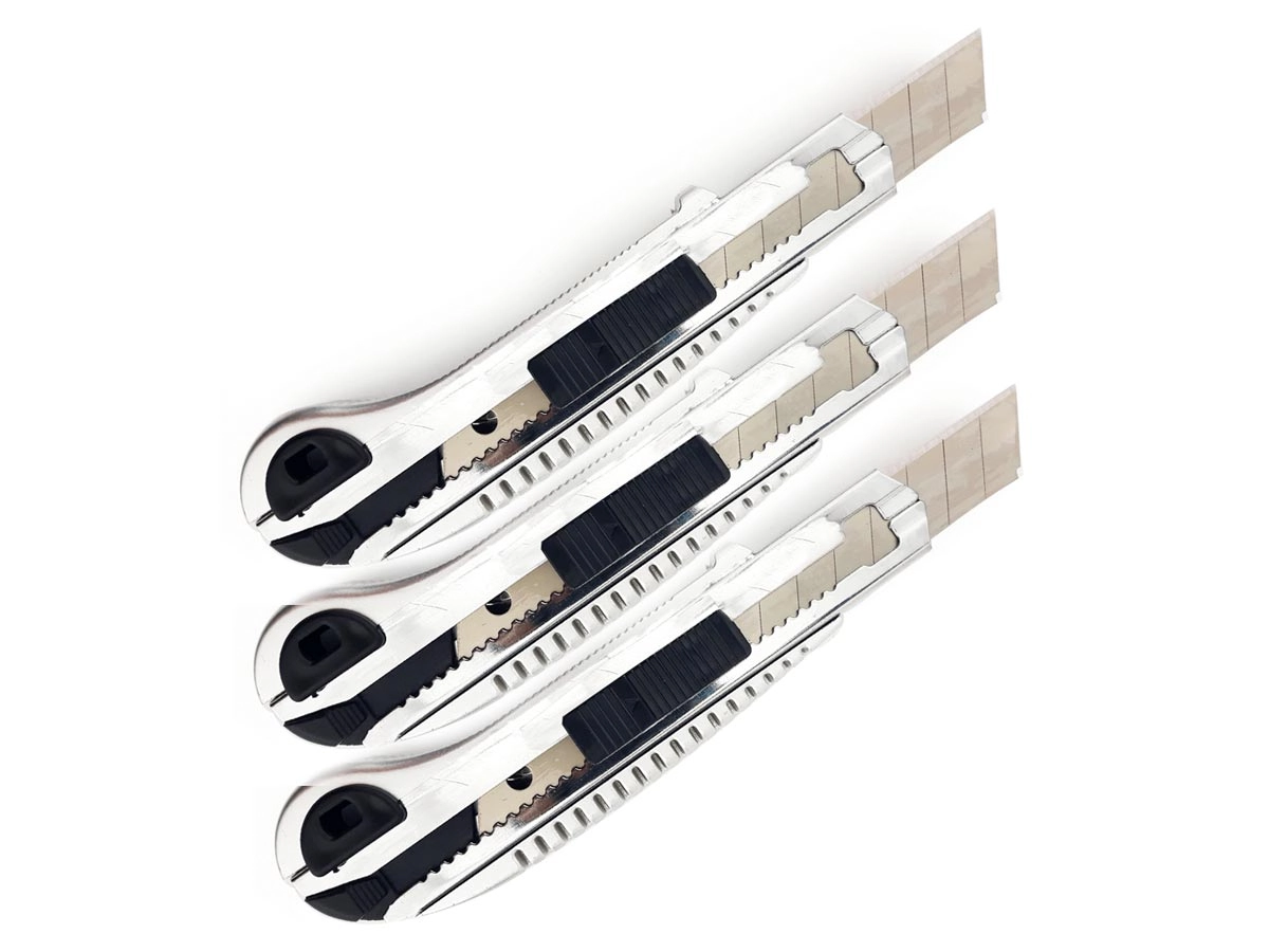 Kit 3 Estilete Largo 18x100mm De Metal E Plástico Com Reservatório Para Lâminas Trava De Segurança + Lâminas Extra