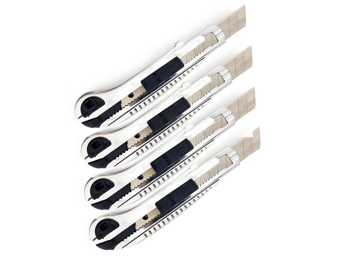 Kit 4 Estilete Largo De Metal E Plástico 18x100mm Com Reservatório Para Lâminas Trava De Segurança + Lâminas Extra