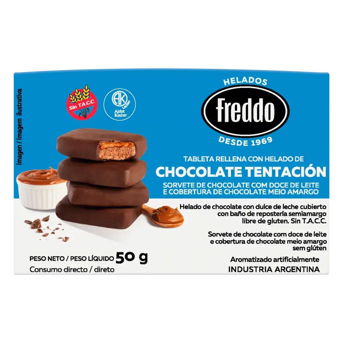 Pack Sorvete Chocolate Com Doce De Leite Cobertura Chocolate Meio Amargo Sem Glúten Freddo Caixa 300