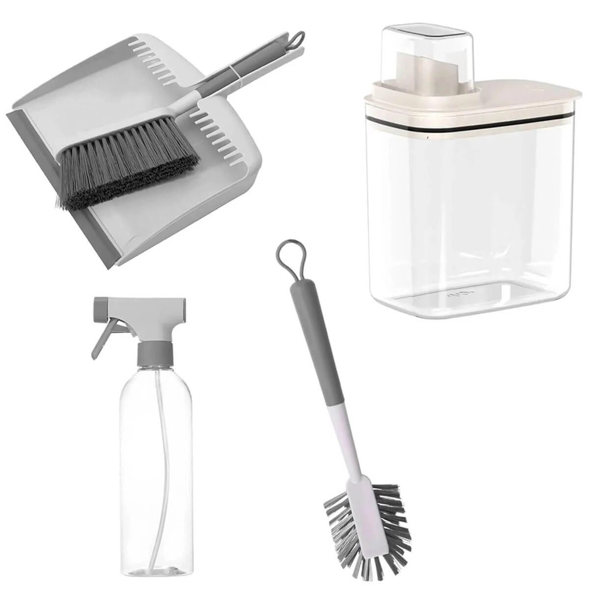 Kit Acessórios De Limpeza Lavanderia Flow Bege Pá De Lixo Borrifador Escova Dispenser