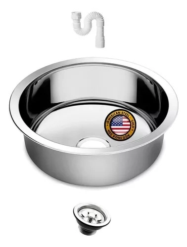 Cuba Redonda Cozinha 35 Cm Aço Inox 430 Com Válvula E Sifão