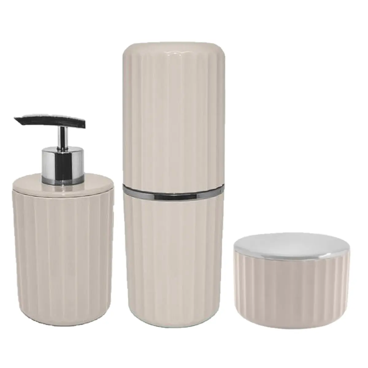 Kit Para Banheiro Com Dispenser Sabonete Líquido Porta Escova E Porta Algodão Ou Cotonete Groove 3 Peças - Bege