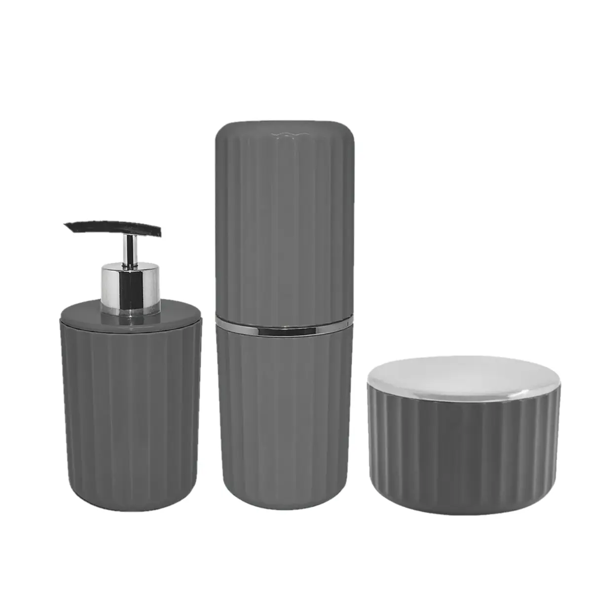 Kit Para Banheiro Com Dispenser Sabonete Líquido Porta Escova E Porta Algodão Ou Cotonete Groove 3 Peças - Cinza