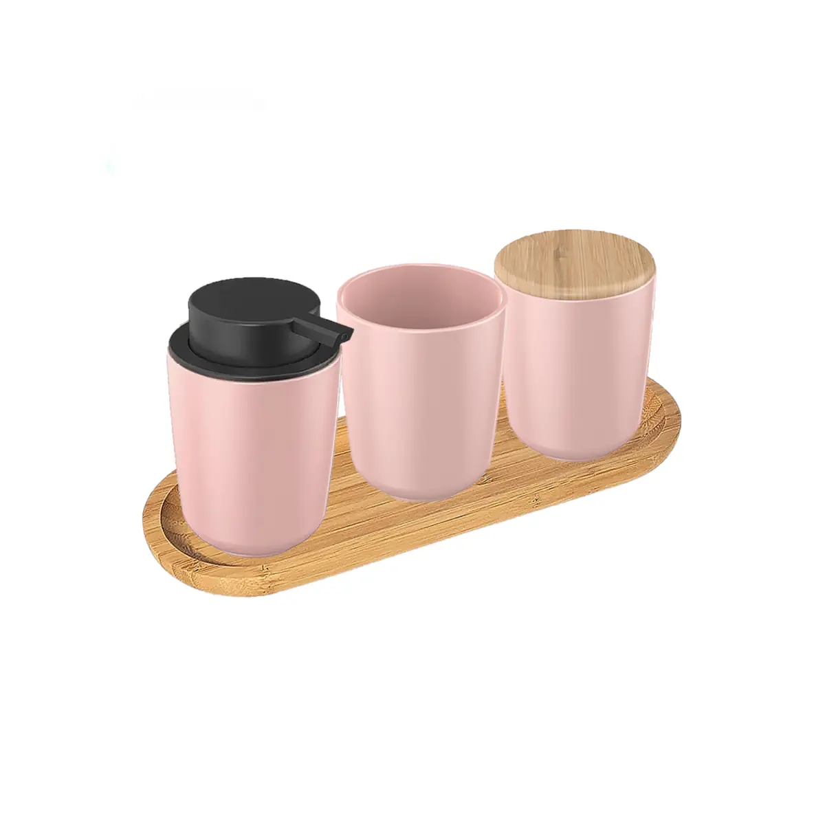 Kit Para Banheiro Com Dispenser Porta Escova Algodão Em Cerâmica Com Bandeja De Bambu Osaka 4 Peças - Rosa Esmalte
