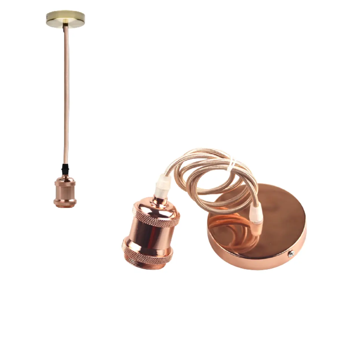 Pendente Vintage Retrô Soquete Bocal De Metal Com Fio Cabo Pp Com Tecido E Tampa Suporte De Teto Decorativa  Rose Gold