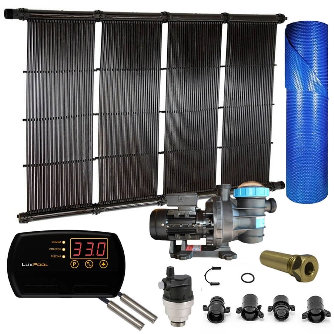 Kit Aquecedor Solar Piscina Até 10m² Ou 14.000l + Capa + Motor 1/2 Cv - Coletor 3m