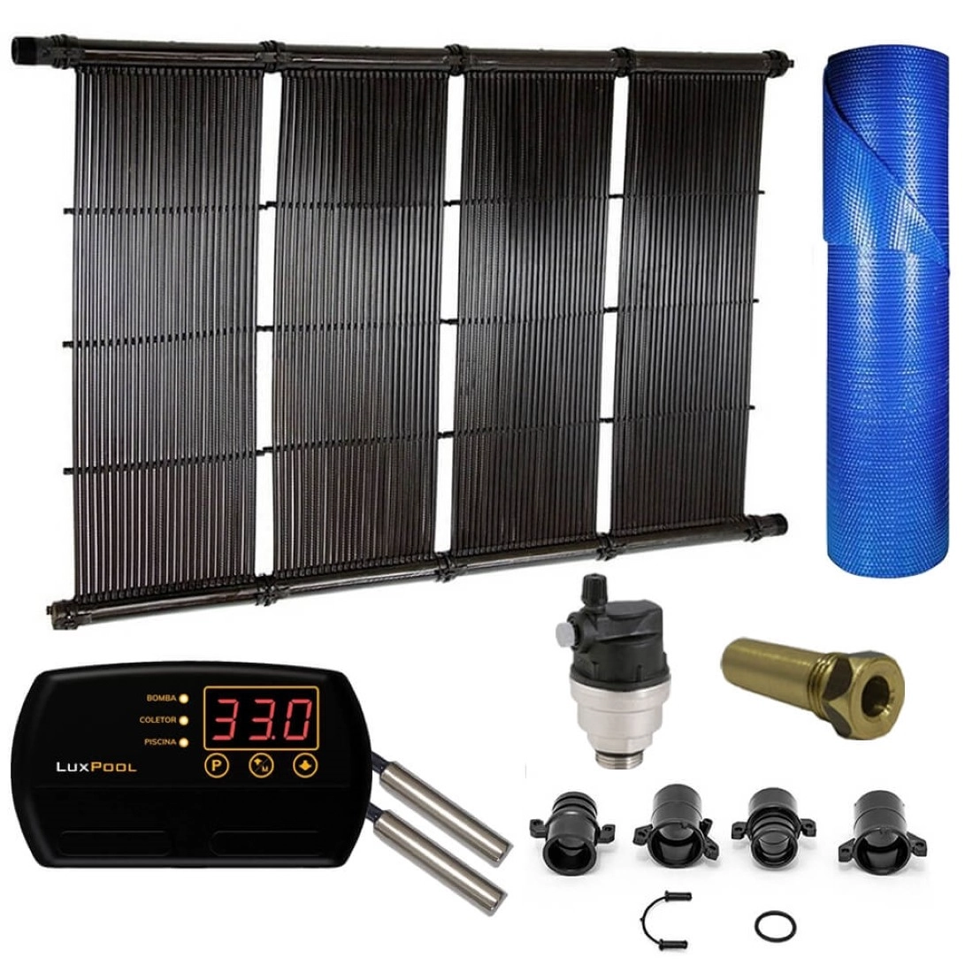 Kit Aquecedor Solar Piscina Até 80m² Ou 112.000 L + Capa Térmica - Coletor 2m