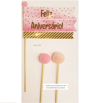 Topo De Bolo Feliz Aniversario Rosa C/pompom