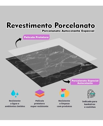 Painel Placa Para Parede E Piso Chão Autocolante Laminado Mármore Escuro 25x25cm