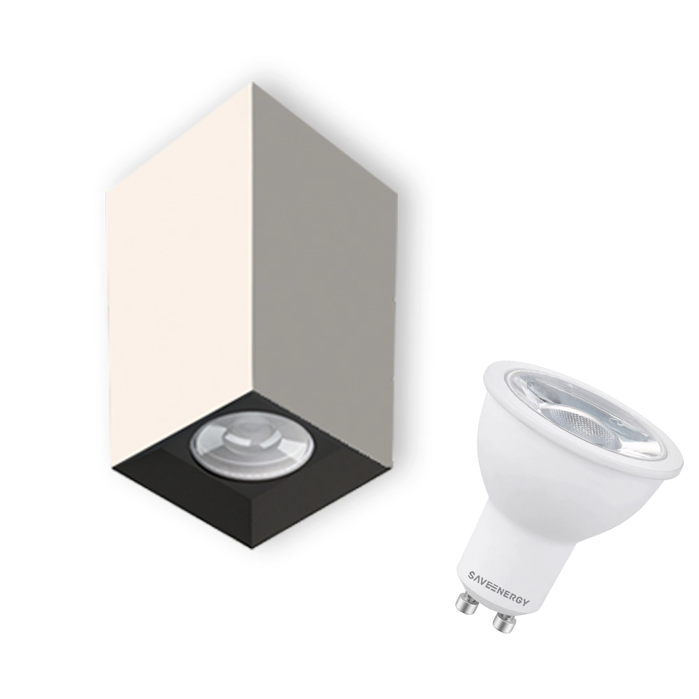 Spot Plafon Sobrepor Tower Quadrado Mr16 Branco Recuo Preto + Lâmpada Led 7w 6500k